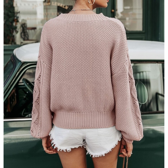 Boho Pink Knit Sweater Bishop Sleeve - Picture 2 of 5